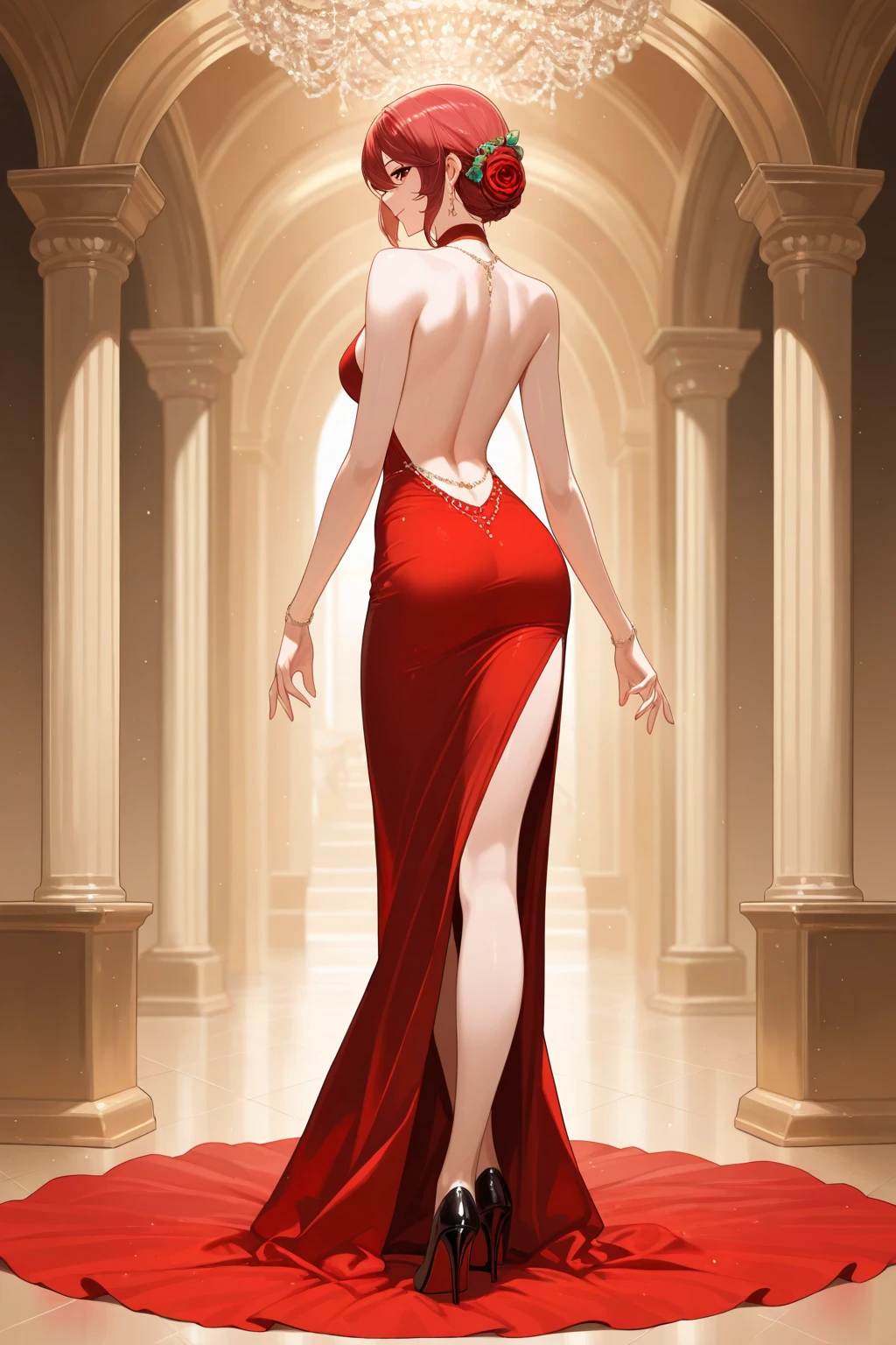 Stunning Mature Woman in a Lavish Evening Gown, High-End Fashion, Sultry Look, Attractive Senior, Radiant Skin, Elegant Body, Dazzling Evening Wear, Luxurious Fabric, no Slit Dress, High Heels, Sophisticated Jewelry, Confident Pose, Champagne Glass in Hand, Soft Lighting, Exclusive Event, Black Tie Gala. full body shot, side view from behind