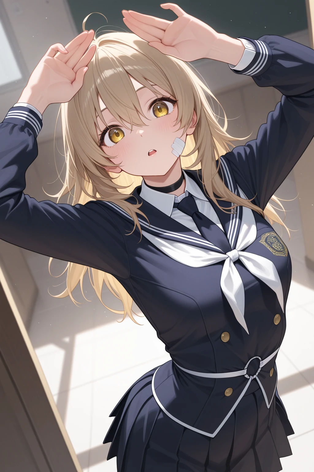 masterpiece、highest quality、1 girl、solo、Una、neckerchief、Serafuku、leotard、Jacket、beret、gloves、pants、open clothes、Tactical clothing、shirt、black hat、指なしgloves、disgust、I furrowed my brow.、I'm looking down、look at viewer、put one's hand in one's pocket
