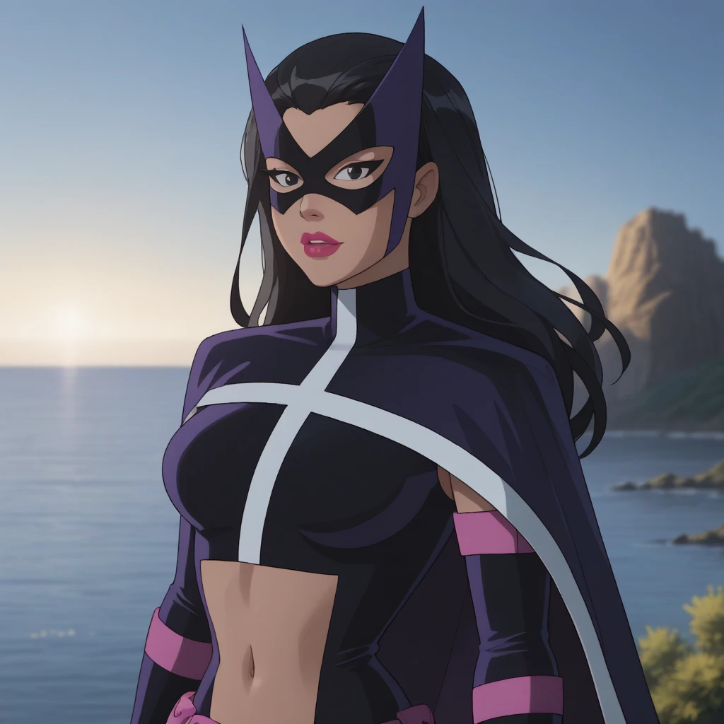(ultra realistic,32 mil, work of art:1.2),(highly detailed skin:1.1),( 8k hd, dslr, high qualiy:1.1),
 huntress_JLU, long black hair, mask, cape, neckleace, dark purple leotard,, , (Huge breasted:1.1), 
(looking ahead at viewer, portraite:1.1),,trunk,
,(Lighting:1.1), exoplanet colonization site, new frontier settlement, terraforming efforts, Pioneering