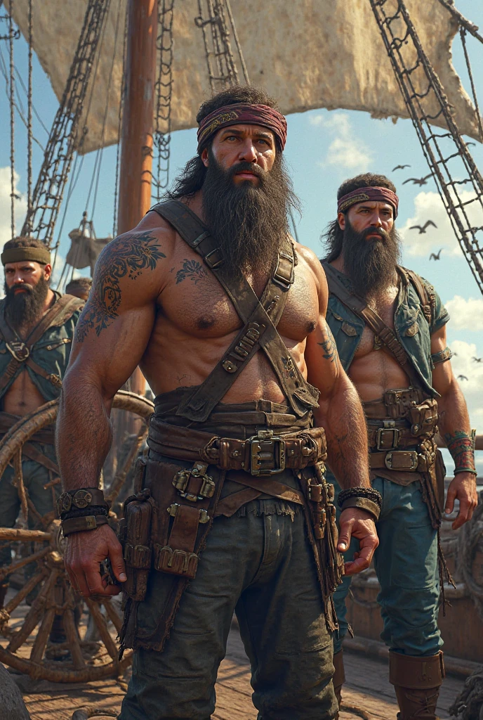 Hyperrealistic image of a pirate hugging an African slave steampunk merman superhero with gray hair and very long hair wearing a scarf on his head and hoop earrings in his ears very old and very sweaty bodybuilder over 80 years old..very muscular and fat, weighs more than 200 kilos with a bare torso, large and flaccid pectorals. Brown nipples and big gray mustaches standing on the deck of a pirate ship in a rough sea dressed in brocatto slipper pants and a satin sash at the waist 