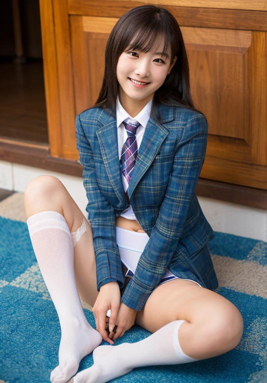 Pure young Japanese school girl, natural body, beautiful legs, wearing formal uniforms, (panty), socks, sneakers, natural makeup, natural hairstyles, sweet smile, sitting, spread wide legs, lift up skirt, professional portrait photography, sunlight, 