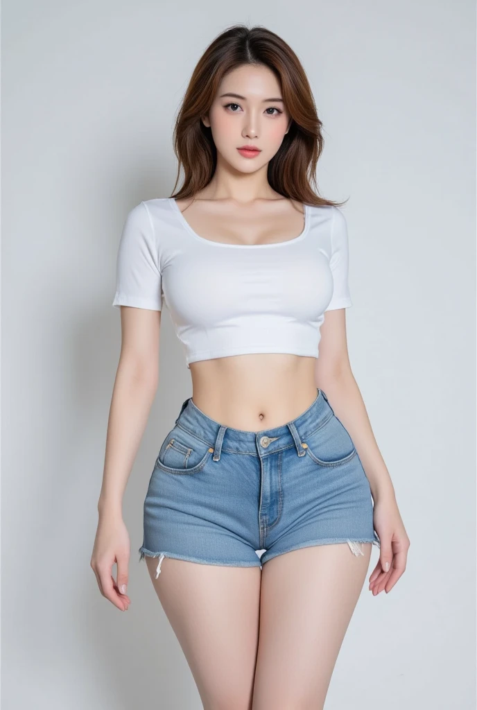 the prettiest face of a 18 year old actress, perfect proportions of female body, plain t-shirt is worn on female breasts, female crotch in panties between legs is seeable thanks to low rise denim shorts are too short, standing, nsfw, best quality, highly detailed, masterpiece, ultra high res, photo realistic, 8k