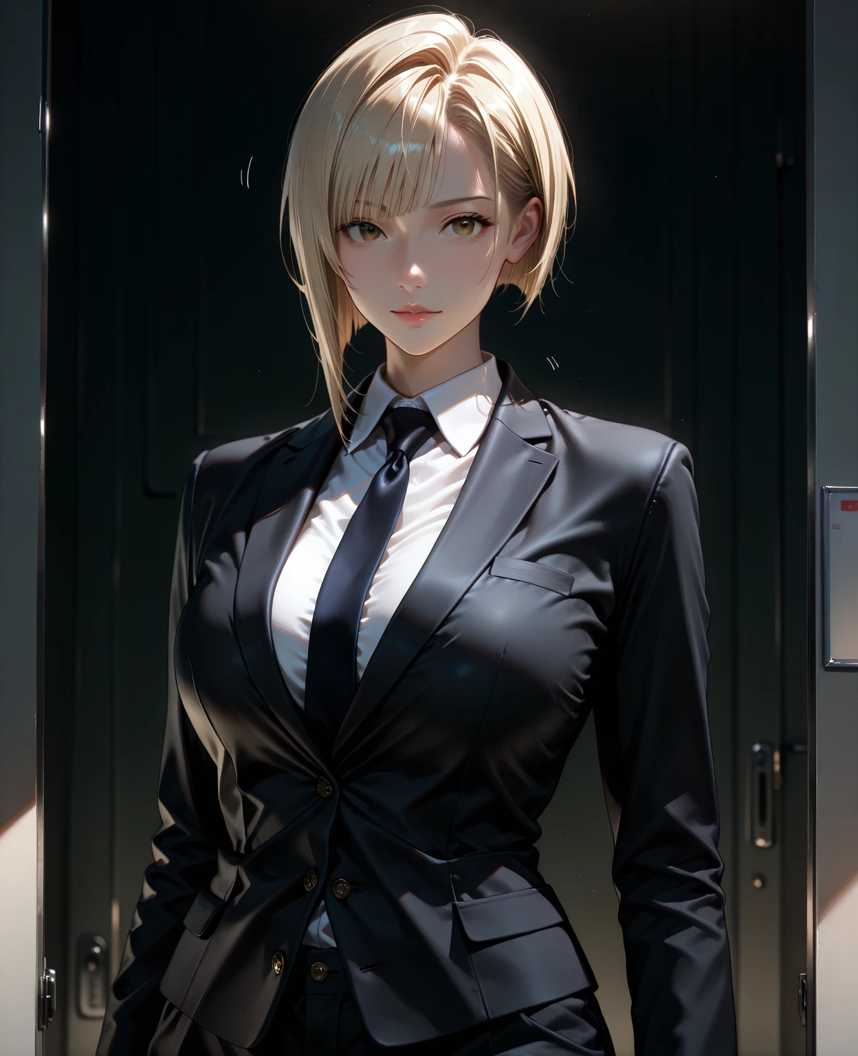 Blonde Shorthair Glasses white blouse black tight skirt stockings lanyard id card 35 years old