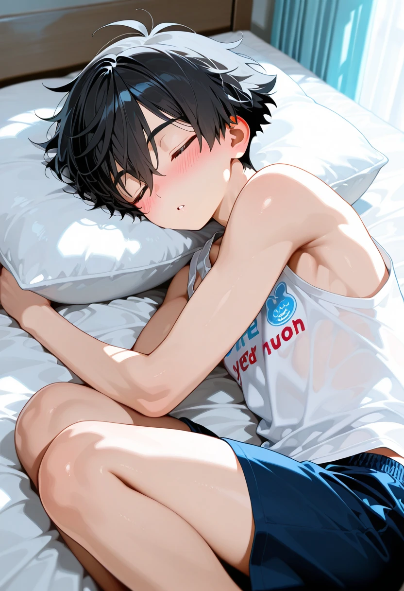 little boy,young people,Short shorts,White socks,Soles,Lying down,Showing belly