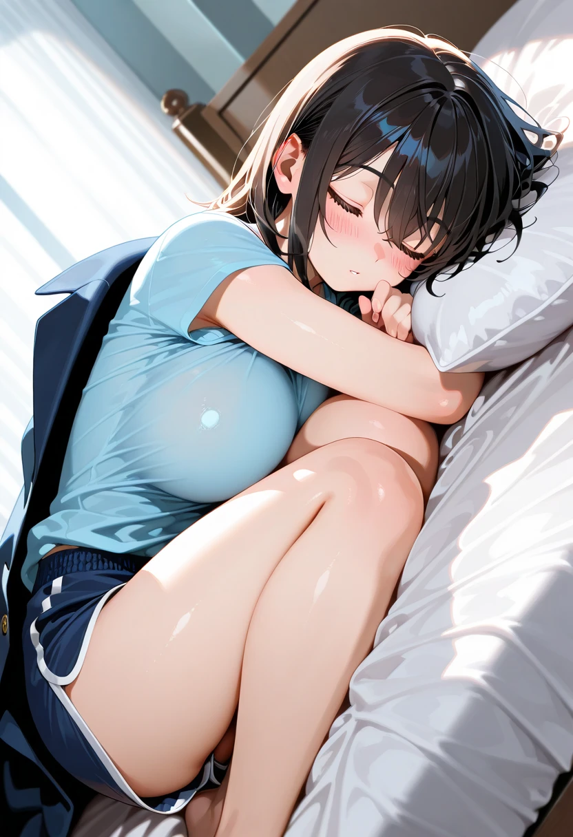 ((perfect hand:1.2)), realistic, highly detailed, ray traced, rendered, Masterpiece, photorealistic, beautiful young russian woman, (ripped jeans, pulled up white T-shirt, sitting on sofa), ((bare breasts, middle breasts)), closed eyes, (((gape pussy, cum from pussy))), (((((breasts grab, orgasm, breast milk)))))