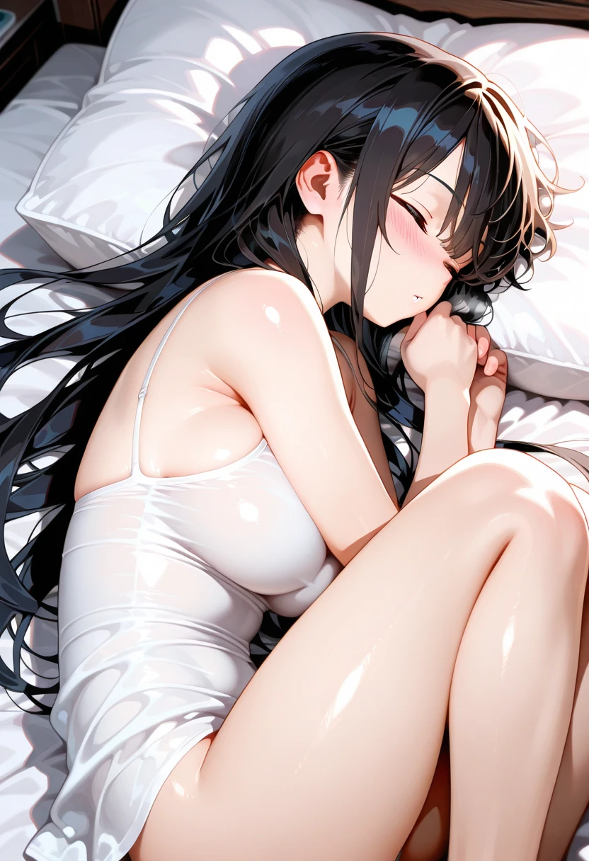 1 Girl, solo, dark hair, long hair, in underwear, (background is bedroom bed), lying down, beautiful big tits: 1.0, embarrassed face, blushing, pretty girl, sweaty wet skin, sunset, high quality, high res, detailed, masterpiece