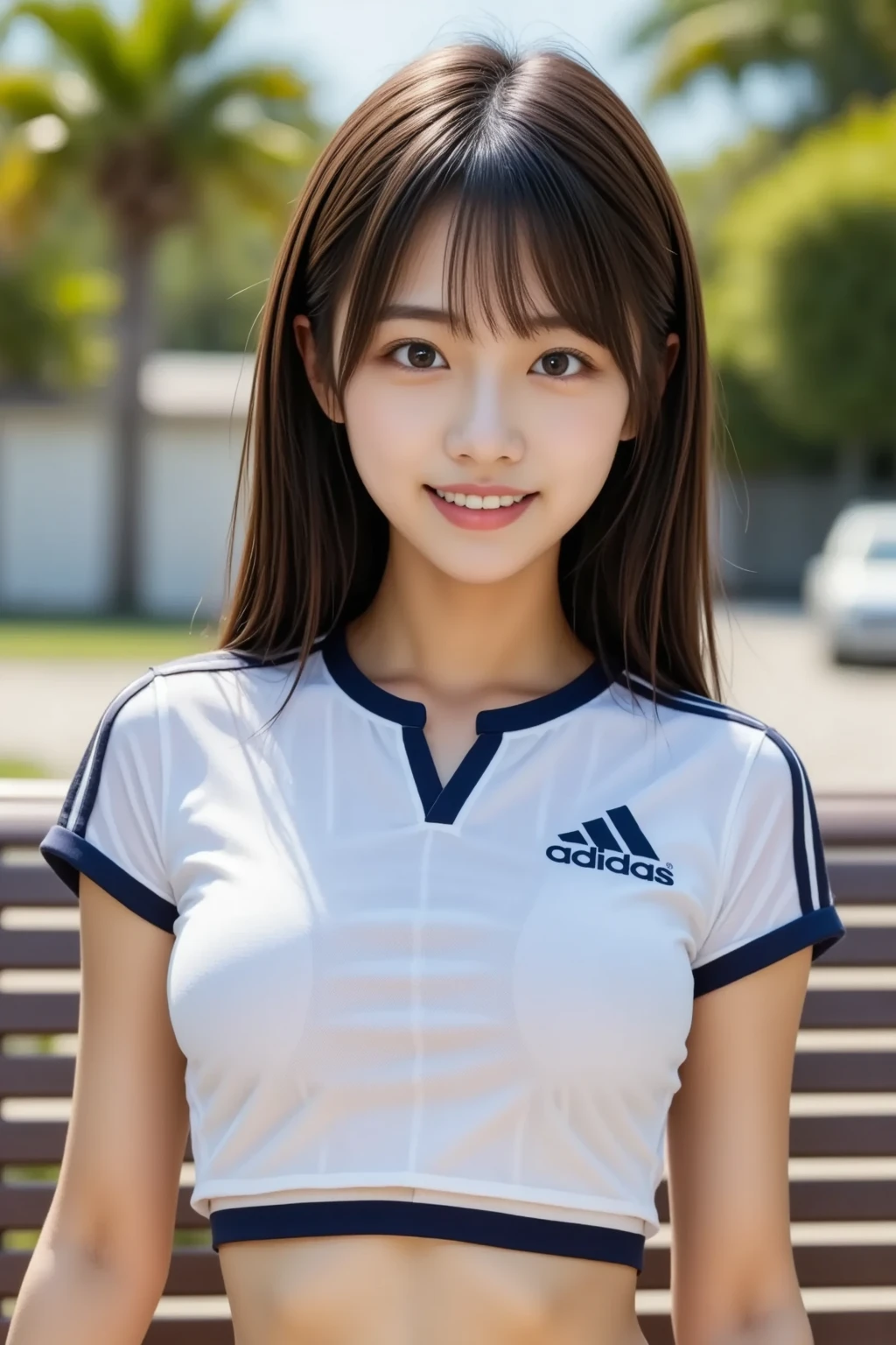 Pure Japanese cheerleading girl, outstanding body, shiny white skin, sweat and wet, wearing cheerleading uniform, natural ponytail, sweet smile, sitting seductively on bench, secretly seduce me, temptation to sex, spread wide legs, refreshing in early summer morning,