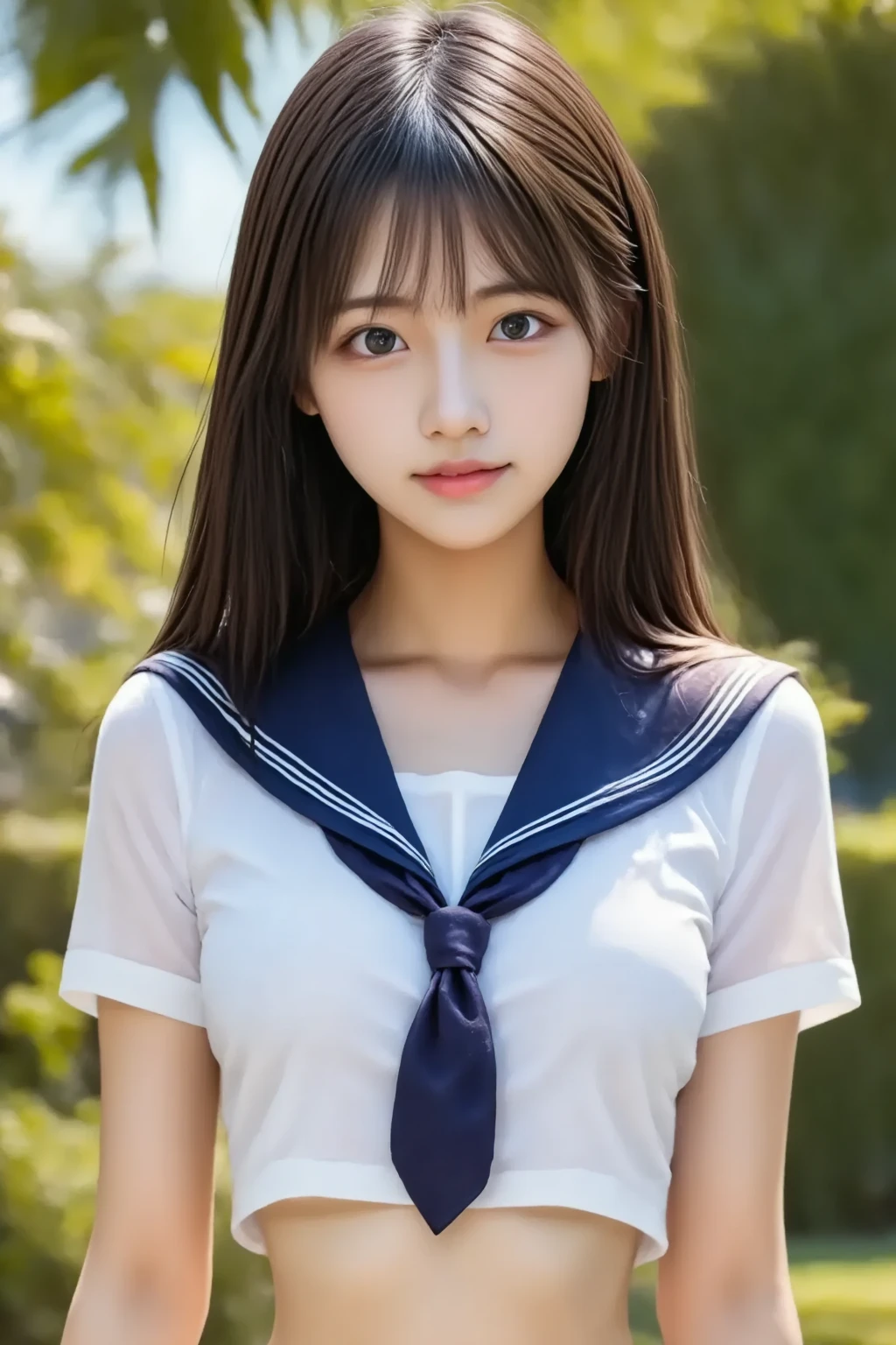 Girl in sailor suit, huge tit, flirtatious look, Very well detailed, Academy scenery, Long Black Hair, Photorealistic images,grab your smartphone