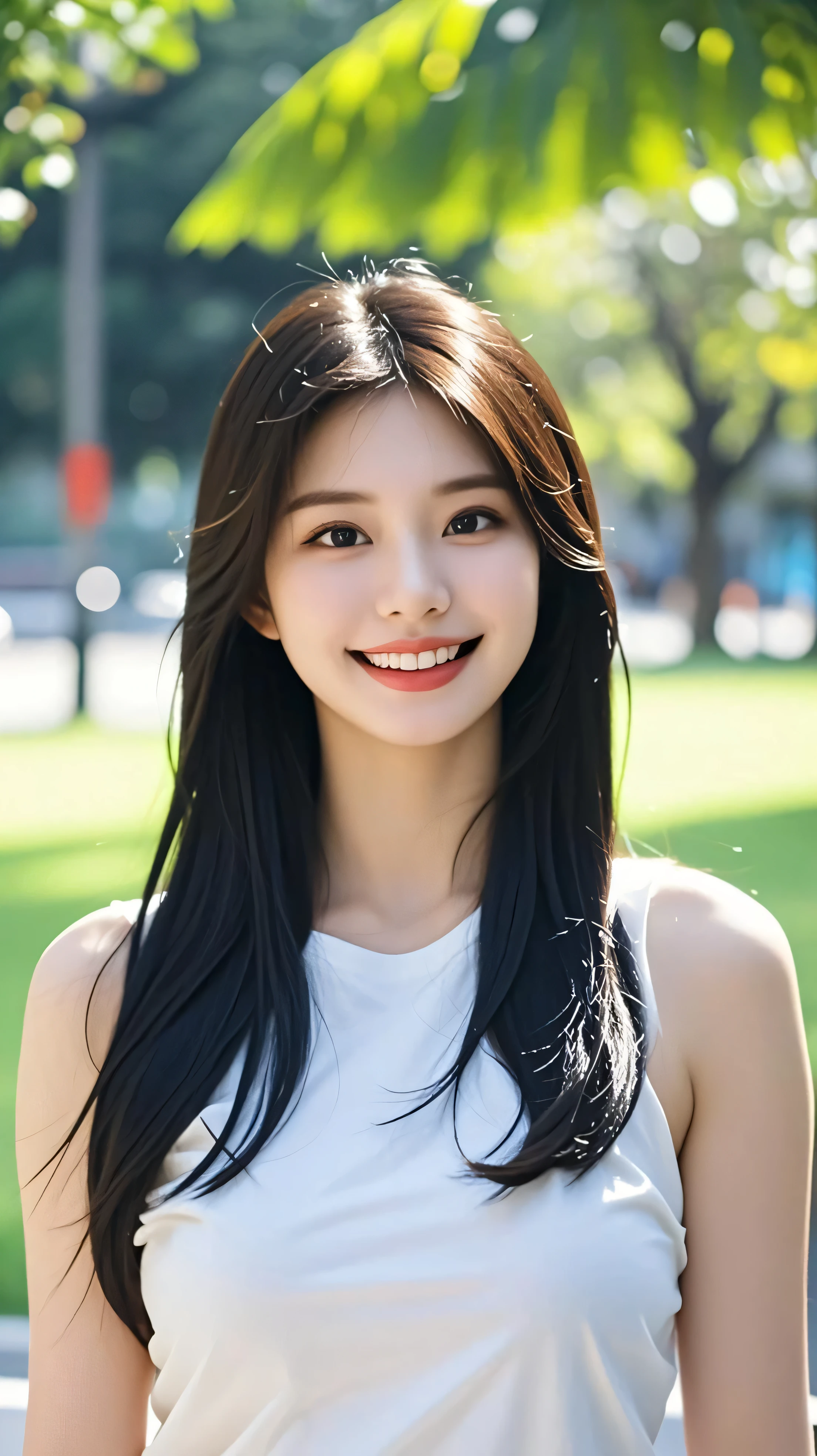 (best quality, masterpiece, 1 girl, long hair, black hair, upper body, half smile, sunlight)