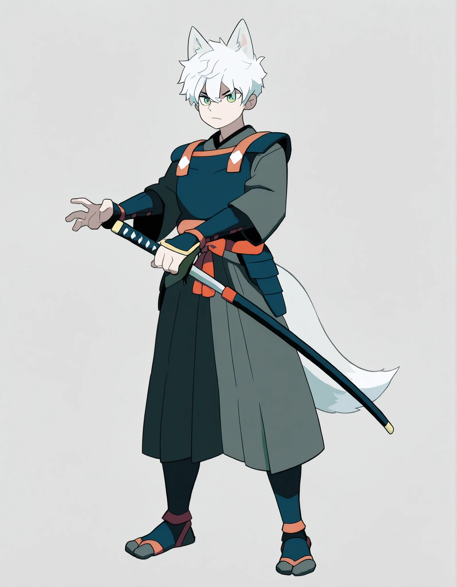 1guy, Boy, fox boy, fox eyes, fox tail, one tail, (white hair), short hair, green eyes, samurai clothing, samurai armor, no helmet, standing, full body:1.5, Ready for battle, katanas in both hands, holding katanas, ready for combat, (Simple light gray background), 