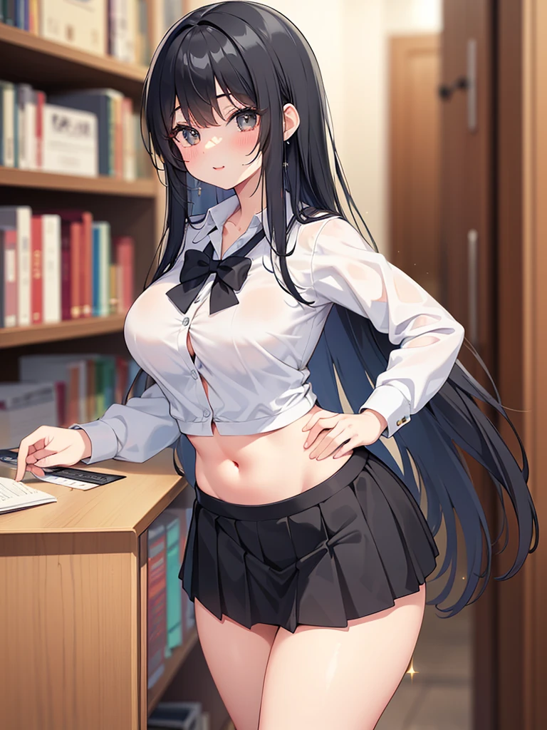 Detailed facial details，16 years old，1 girl，Red lips，Cat ear，Black long hair，Large Breasts，Slim，Wearing a snow-white shirt，Short skirt，Charming blue eyes，Handcuffs，Collar，Radiant Skin，Inside the library