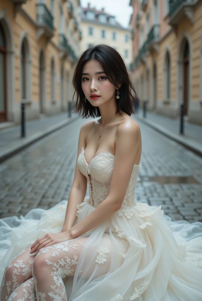 Chinese girl VN02, Shot on a Nikon Z7 II mirrorless camera,120 mm F/4 Wide angle Best quality, Masterpiece, Ultra detailed, Short white skirt，Grey Stockings, rendering by octane, Beautiful detailed eyes, ultra detailed hair,The skin has a spotted spot， Graceful,Charming, A plump chest, Transparent lace,Sexy, Seductive , Delicate short hair , Exposed cleavage