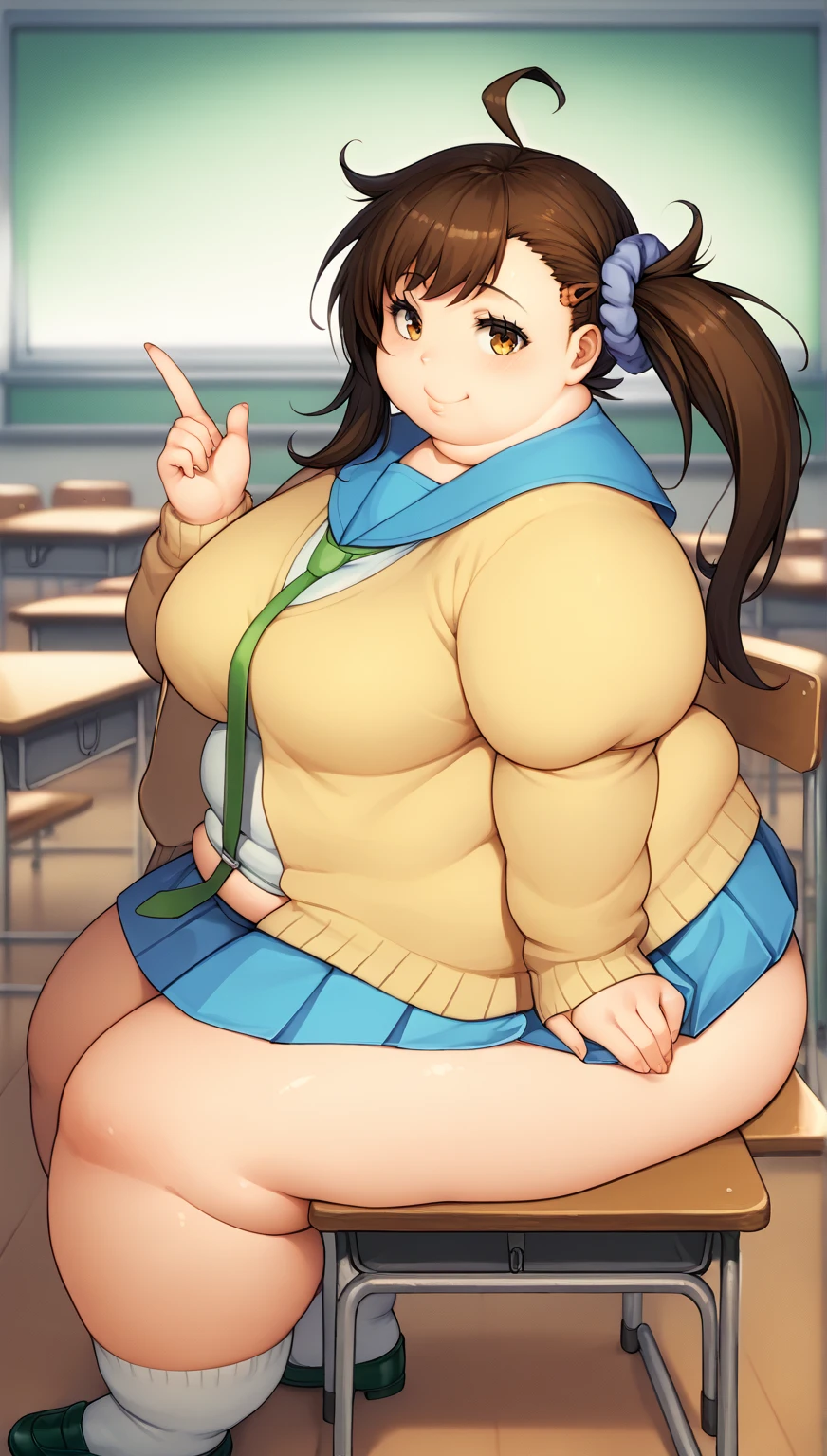 masterpiece, best quality, highres, an1, brown eyes, ponytail, , blue sweater vest, red necktie, pink skirt, cowboy shot, outdoors, smile, open mouth, large breast, chubby, fat belly, thick thighs. 