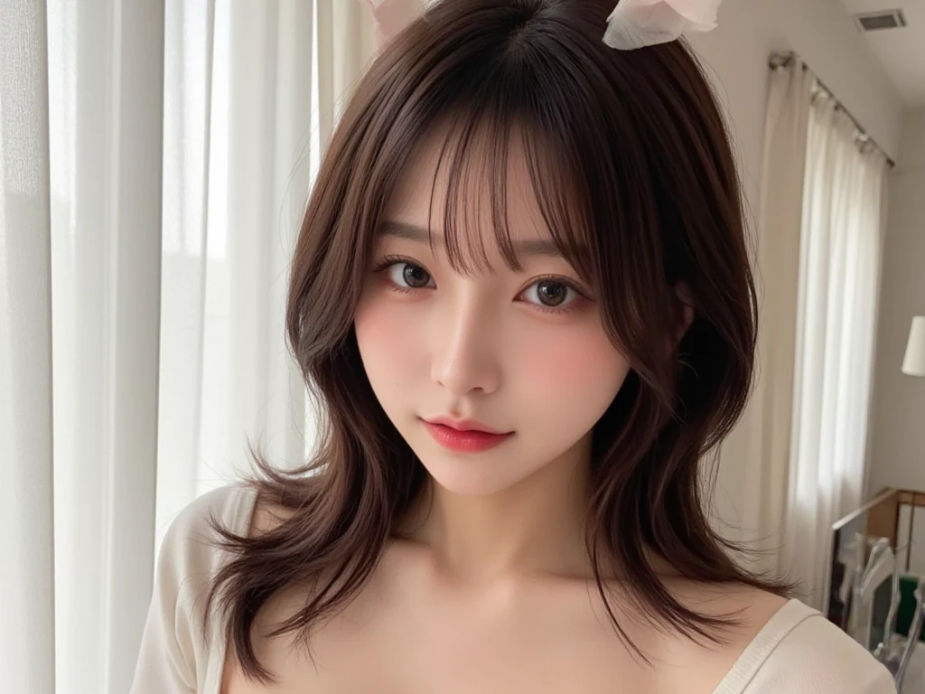 highest quality, shape, Super detailed, finely, High resolution, 8k wallpaper, perfect dynamic composition shape, beautiful and detailed eyes, bikini,medium hair,small breasts natural color lip、20 year old girl、cute、sexy shot looking at camera、summer、Transparency、sad face、Bedside、show off your cleavage