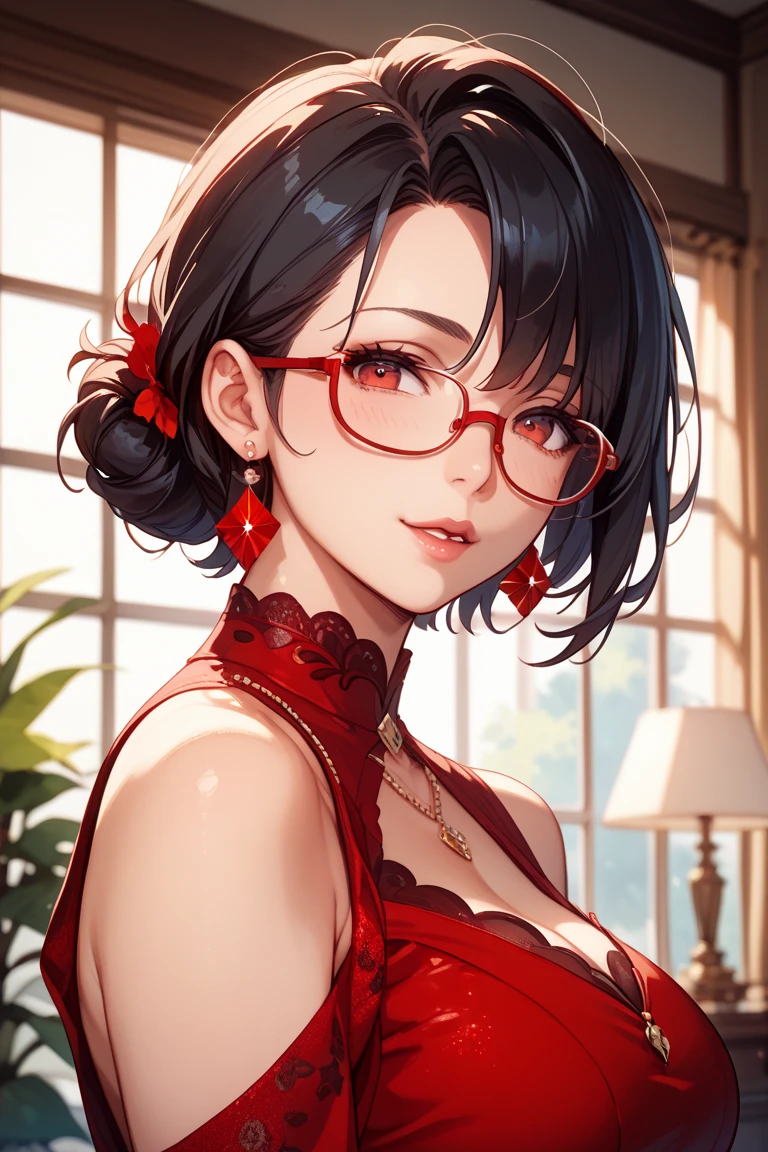 One woman ,wolf haircut hairstyle ,red lipstick,black glasses,sharp jawline,face makeup,mole under right eye,dark red eyes ,g cup breasts size ,navel, cleavage,saree, necklace,big heavy diva jhumka earrings