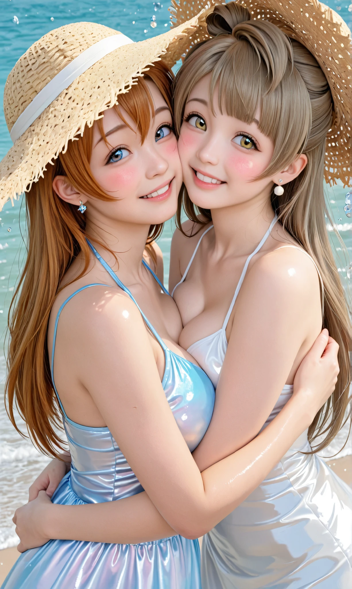 Highest quality、High resolution、Detailed Background、(Beautiful face in every detail:1.4)、Anatomically correct、(Normal number of fingers:1.2)、Detailed eyes、Teenage beauty、Highly detailed face、(Huge breasts:1.2)、Perfect body line、Light color hair、Bobcut、ponytail、Twin tails、cute hairstyle、well-groomed eyebrows、cute gesture、Natural beauty、A big smile、smile、Cowboy Shot、

(Two girls applying sunscreen on the beach:1.5)、

A beach with white sand、The blue sky and blue sea spread out before you, and a pleasant sea breeze blows.、A girl is sitting with her friends、Holding a bottle of sunscreen in her hand, she carefully applies it to her friend&#39;s back.、The girl&#39;s friend also faces her and paints each other&#39;s backs.、The two of them are applying sunscreen with serious expressions.、The two of them are having fun on the sunny beach, being careful not to get sunburned.、It&#39;s a peaceful scene that captures the kindness of the girls in the open air of the beach.、
The swimsuit itself is a light blue one-piece with frills.、The frills and ribbons give it a feminine look.、Sandals are thick-soled、We recommend unique designs with vivid colors and floral patterns.、cute