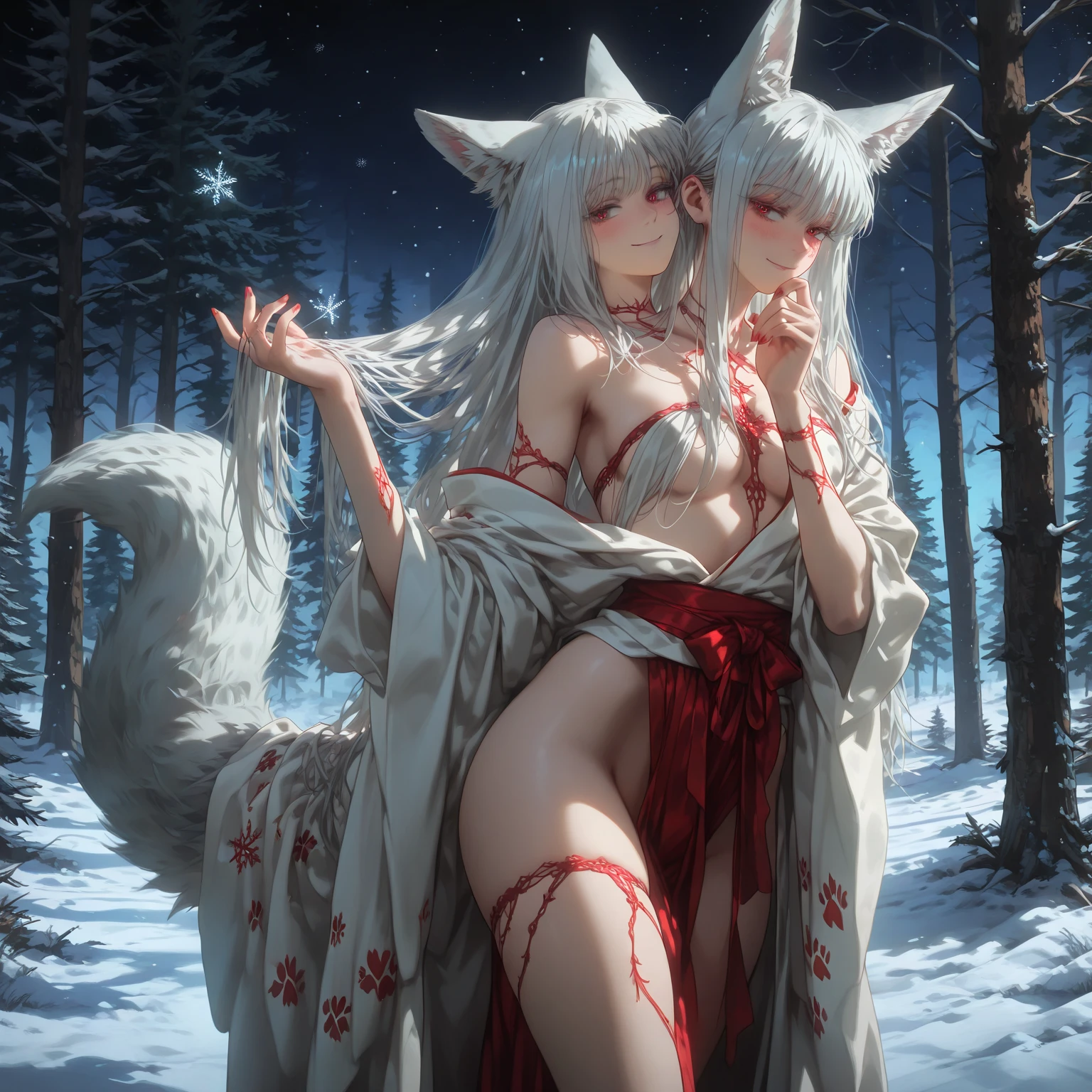 (masterpiece:1.2, best quality), 2girls, 10yo, child, loli, petite,  flat , white hair, (big white fox ears), ginger hair, (big ginger fox earlack hair, (big black fox ears), (white kimono), (black kimono), (red kimono), ( :1.1), , (:1.2), hugging, blush, smile, shy, winter, snow, winter forest, anime minimalist, watercolor