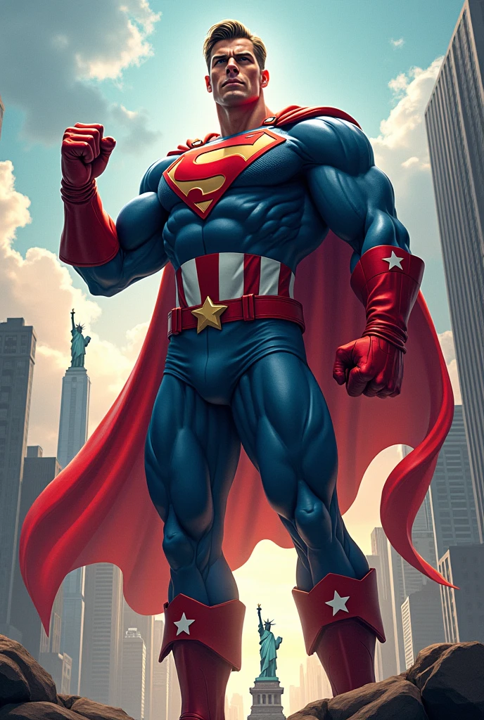 Homelander pointing at the screen: A tall, muscular man, with an angular face and piercing blue eyes, her blonde hair is slicked back. The uniform is dark blue and fitted, with a golden eagle's head on each shoulder. Has a golden belt with the head of an eagle. gloves and boots are red with small gold details. He wears a long cape based on the United States flag., where this is striped, with red and white stripes, besides at the top of the cover there is a dark blue semicircle full of stars. The costume exudes power and authority, highlighting his imposing figure.