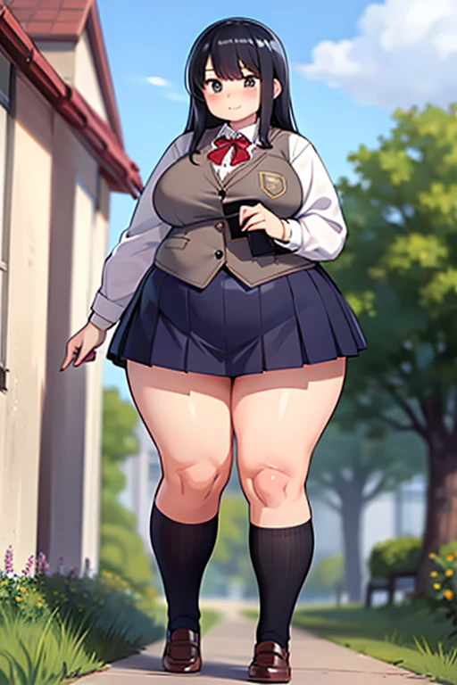 ((highres)), Masterpiece, high quality, best quality, beautiful, perfect lighting, detailed face, ultra cute face, cowboy shot, ((1girl)), ((solo)),
Short hair, fluffy hair, black hair, hair over one eye, green eyes, ((blush)), nervous, shy, looking at viewer, arms behind back, black crop top, plaid pleated skirt, thigh highs, chocker, ((thick thighs)), (wide hips), chubby, cleavage, (large breasts),
20 year old female, standing in a park, (park), daytime,