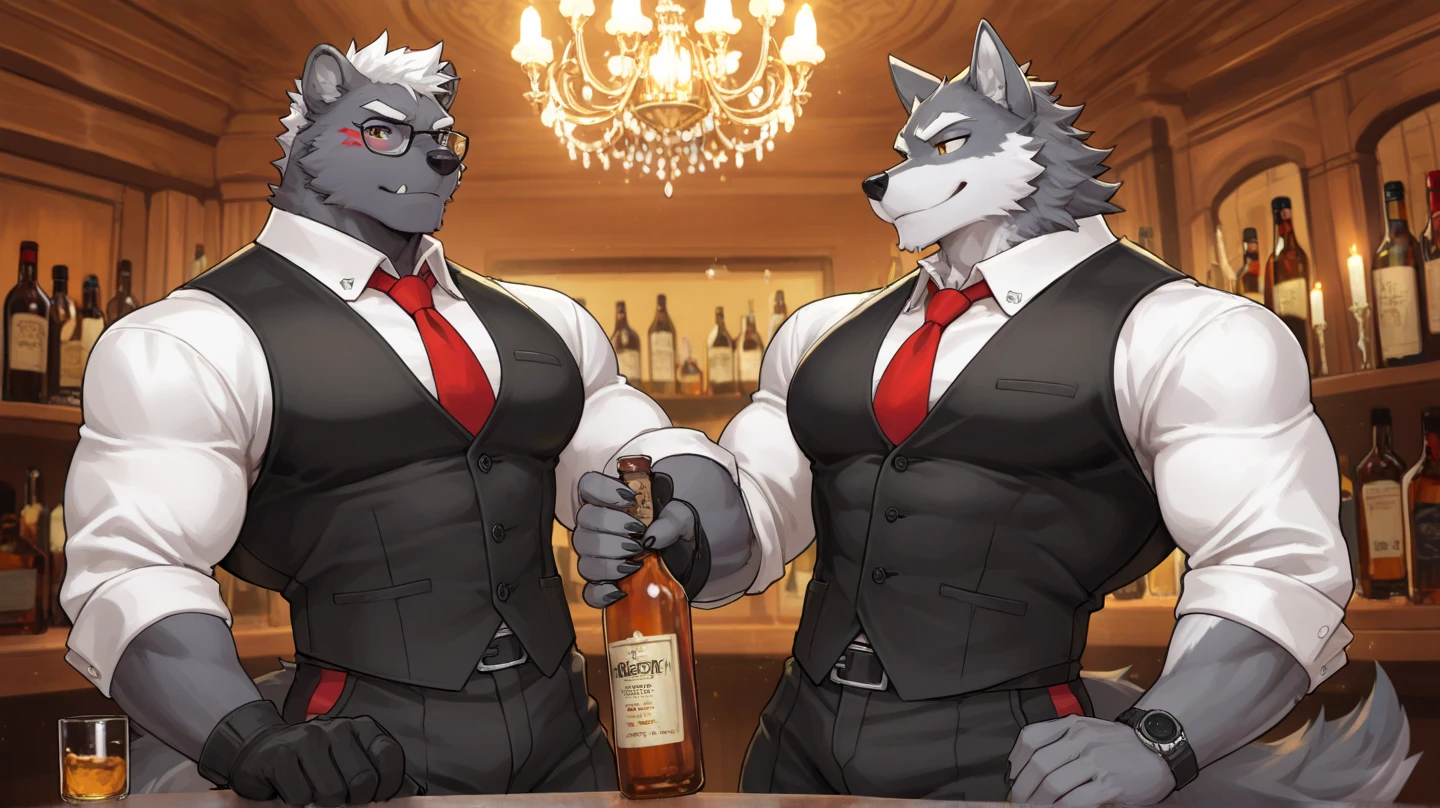master part, best quality, white background, Detailed background, gray wolf, White fur, big pink, abs, hairy, Smile, perfect red eyes, wearing harness, black jockstrap, with big, thick penis out of jockstrap, pole dance, sexy dance, bar club, back, show ass, sex, cock into ass
