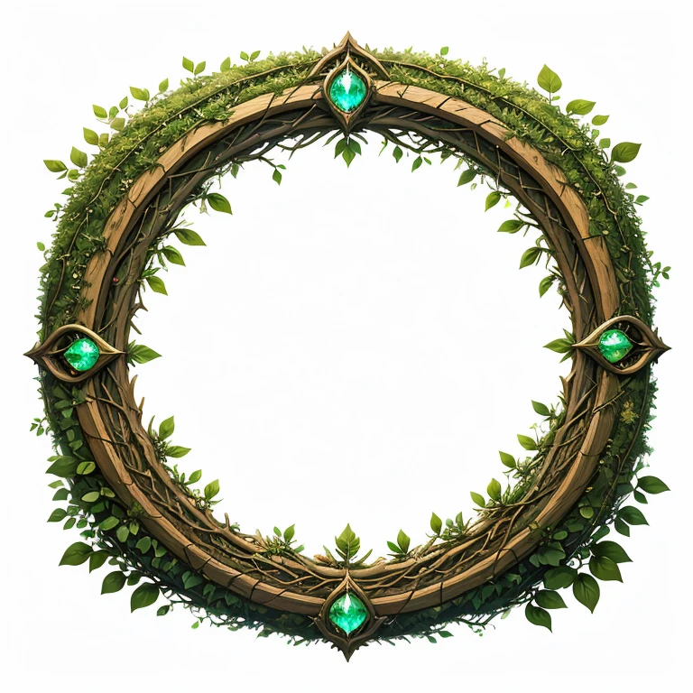 highly detailed circular token frame for RPG character portraits, druidic nature theme, wooden and mossy texture, leaves, vines, crystal fragments, subtle glowing runes, centered empty space