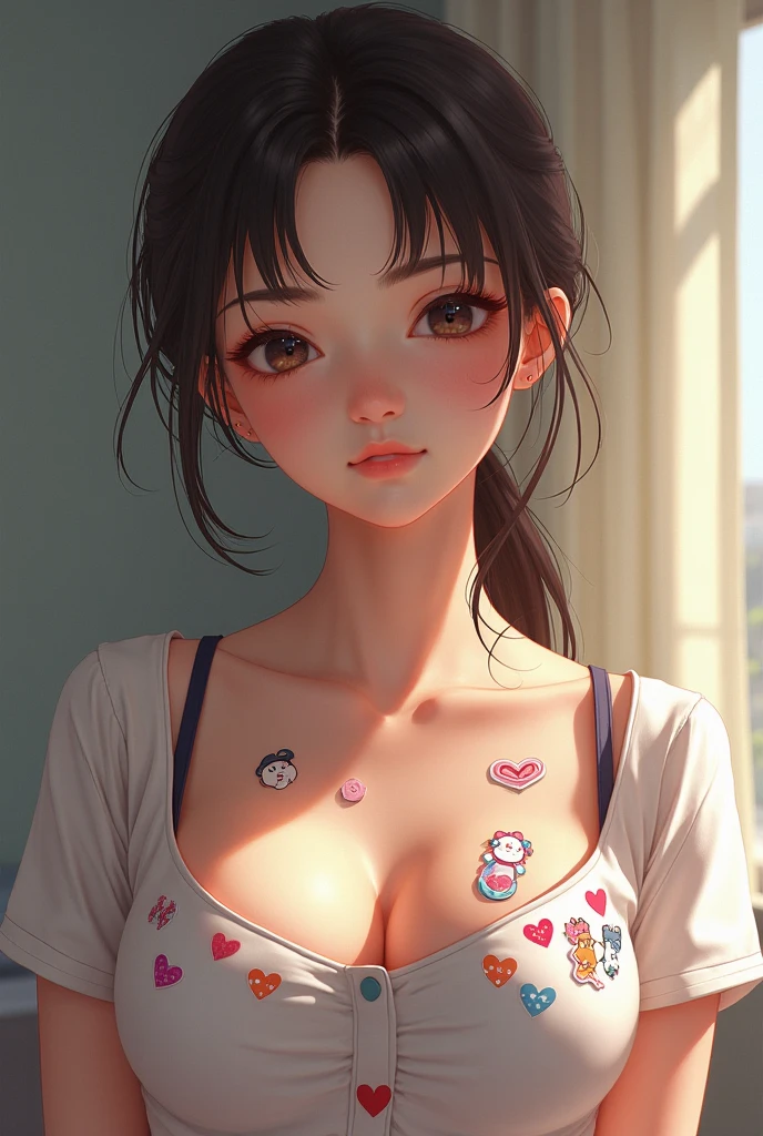 Top quality, ultra high resolution, (photorealistic: 1.4), beautiful eyes, super beautiful, short hair, beautiful breasts, lover, t-shirt with rough chest, eyes inviting viewer, lover's eyes, inviting facial expressions, sexy smile, perfect style, perfect balance, detailed skin, naughty eyes, chest visible