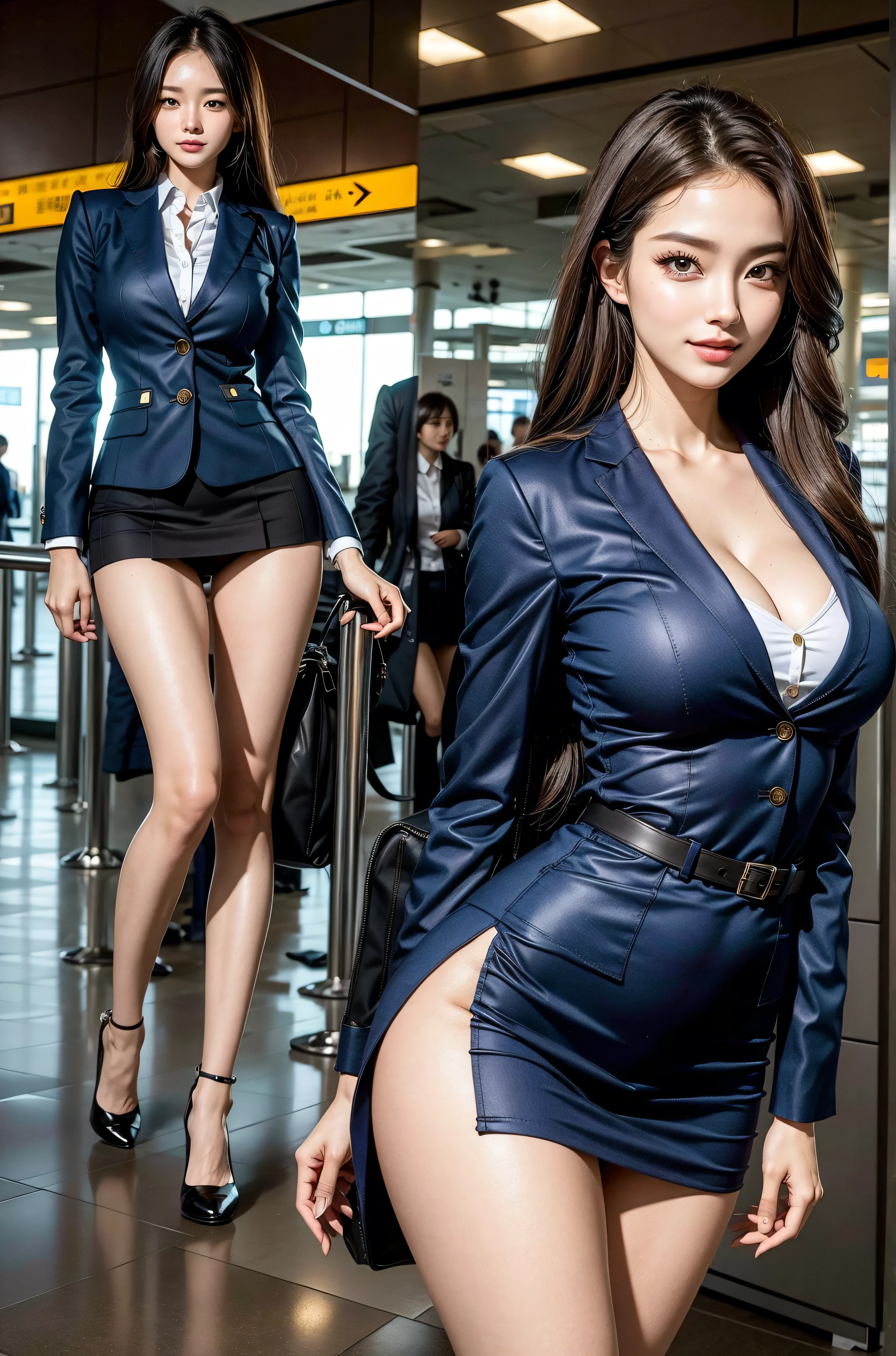 ((masterpiece)),(((Highest quality))),((Character design sheet 1.2)),Thin thighs,Long legs,Cabin attendant:0.8，Cleavage 1.4、The best smile:1.5，Full Body Shot:1.5，Blue sky and buildings:0.5，Wearing black thigh-high boots:1.5，Black Mini Skirt:1.5, Black jacket:1.5