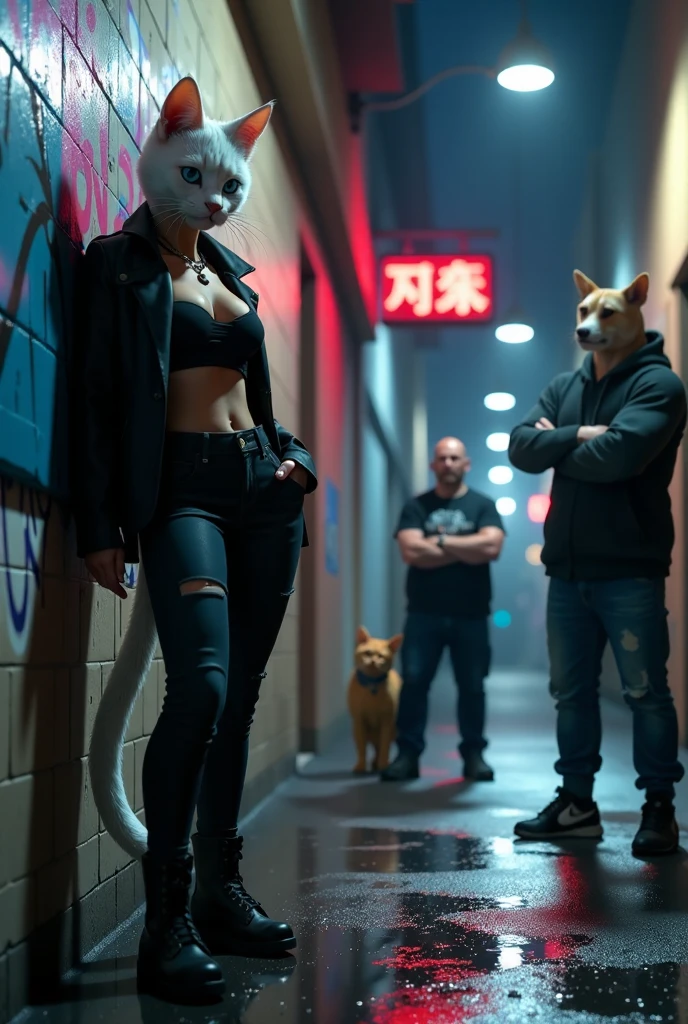 Blade Runner inspired surreal dark cyberpunk city alley as background, low angle view, black stray dog looking for food, at dark night. (1girl, solo, alone), medium-breast slim:0.6 body, oval:0.5 face, cleavage:1.1, sexy black laced bra, miniskirt, white laced panty, coat, (black micro sunglasses), (holding a short gun), (slightly leaning forward running pose), half-body thigh level medium shot, cinematic lighting, ray tracing.