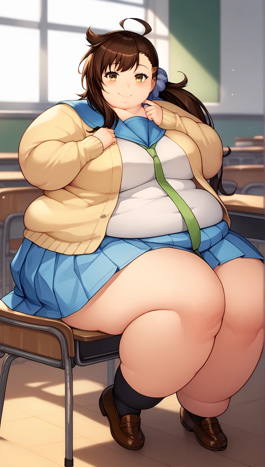 (masterpiece, best quality), 1girls, big belly, blurry background, huge belly, art by kipteitei, round belly, chubby, curvy, white button-up shirt, skirt, thighhighs, simple_background, gradient_background, belly bursting out of shirt, belly grab, enormous belly, fat belly, thicc, bigger belly, sitting on chair, really big belly, jiggly belly, shirt covering belly, belly cover by shirt, glasses