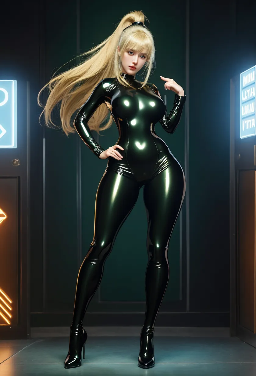 One girl 22 year old, full body, long legs, blond hair, blue eyes, looks alluring at viewer with beatifull breast and big butt in one peace suit hlaf black half citrus green