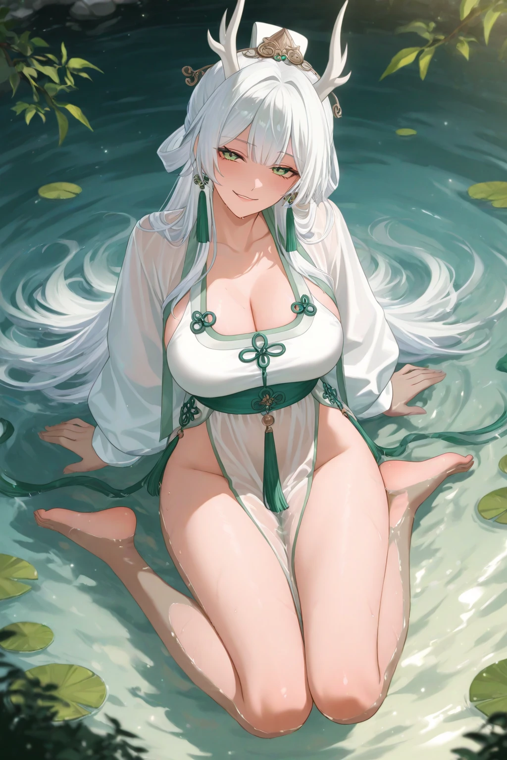 Mature Woman, Huge breasts, lips, Mouth closed, Conceit, Straight Hair, Very long hair, Mischievous face,Breeze、organdy、lake、lake畔