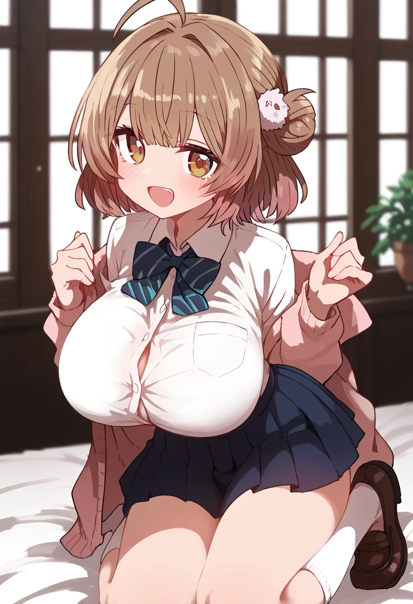 highest quality, Super detailed, masterpiece, Ultra-high resolution, 8k, Ridiculous, Cowboy Shooting, Focus on the girl, Embarrassing, blush, Lovely, Close one eye, With tears in her eyes and her mouth open, drooling, (arms behind head), (wariza),Classroom Background, (1girl, little cocon \(umamusume\), umamusume), (medium breasts), (sagging breasts),(huge nipples), Black knee socks,Thighs,Waistline, (high angle shot)