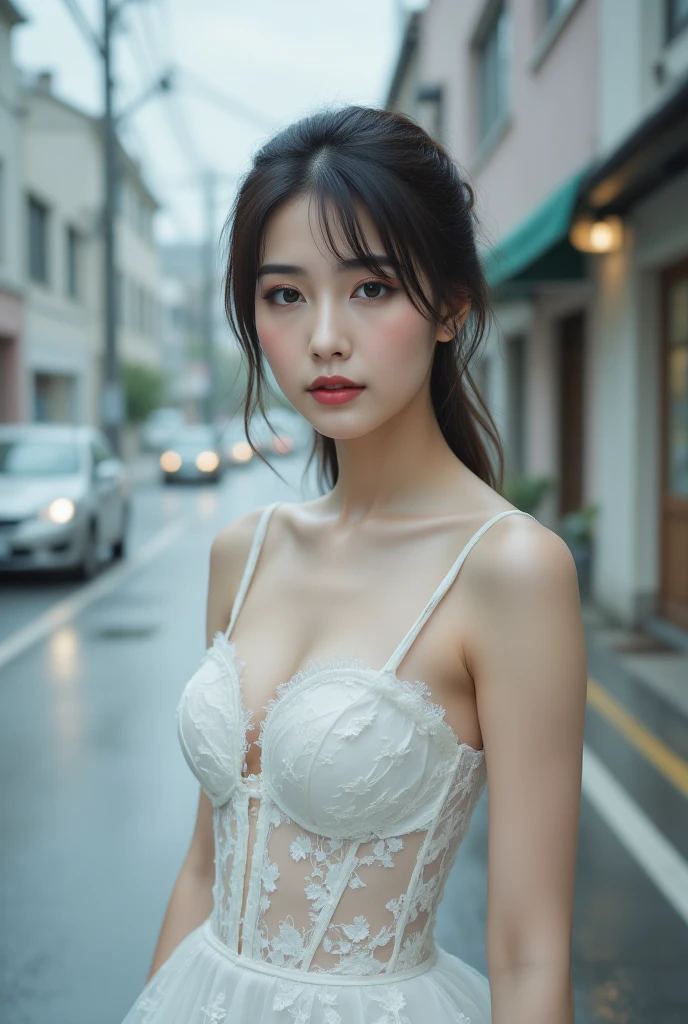 ​masterpiece、4K、top-quality、beautiful Korean women、detail portrayal、1 girl in、23years old、slender abs, (white polyester push-up bra)、city night、(filmg, Ilford HP5, 80mm)、 depth of fields、cowboy  shot、a cool、Skinny