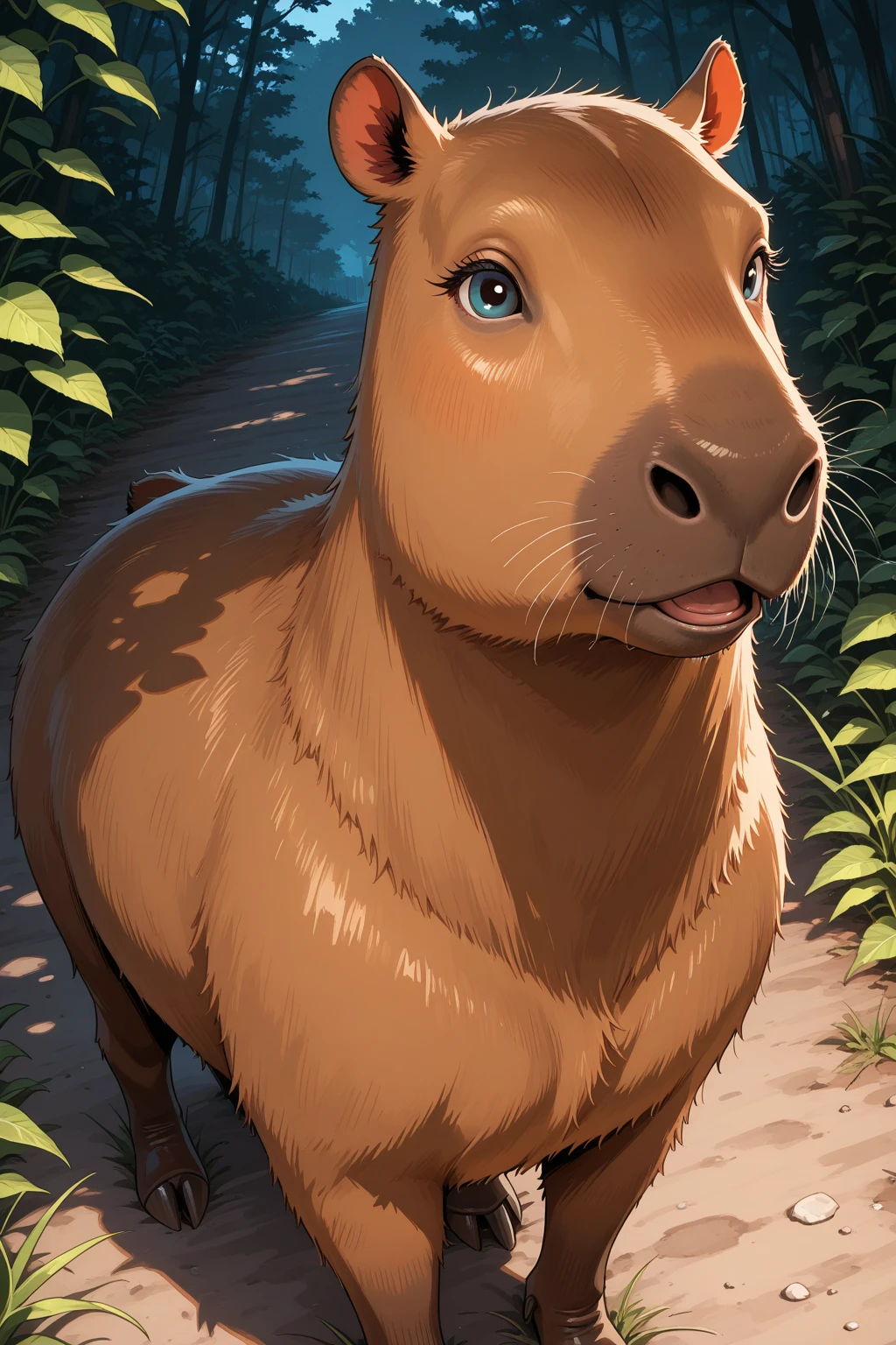 A full-bodied camel with brushes on its hooves and a woman's face 