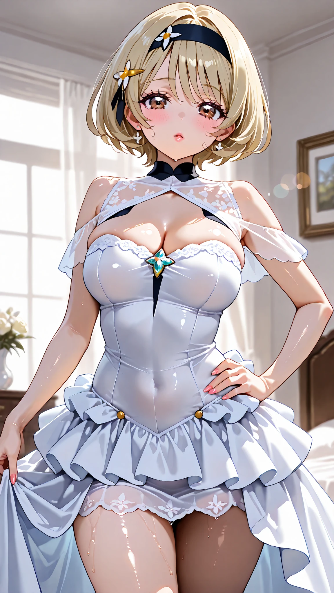 (White background:1.2),masterpiece,best quality,1girl,18yo, beautiful girl,BREAK,(blush,open mouth,Beautiful blonde,Blue Eyes:1.5),(Cleavage:1.2),BREAK,(White sheer dress,white panties:1.5),(light smile,blush:1.5),(She lifts her skirt to show her panties:1.4),