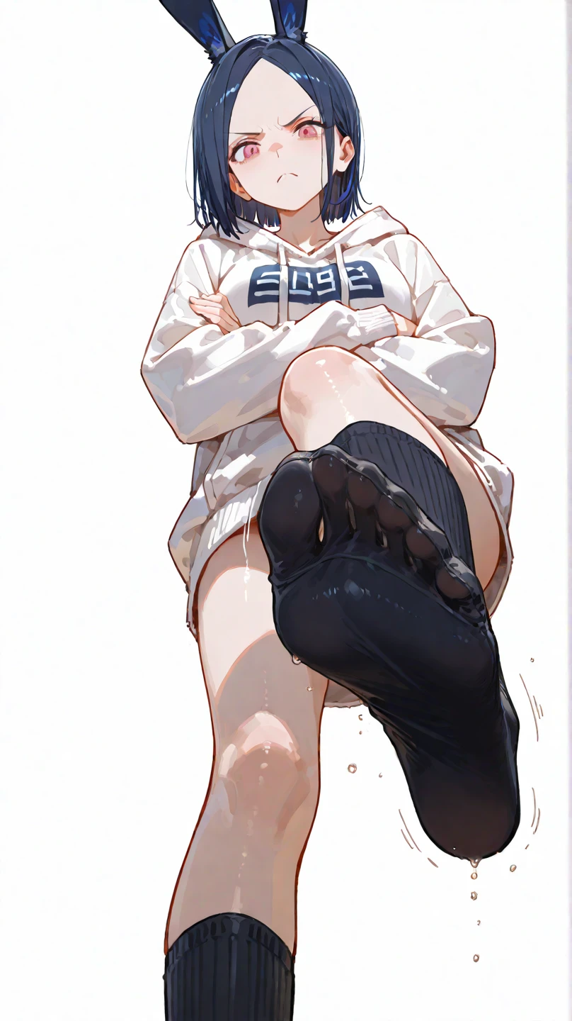 Anime girl with blue eyes dark blue short hair wearing black hoodie and jeans with sneakers