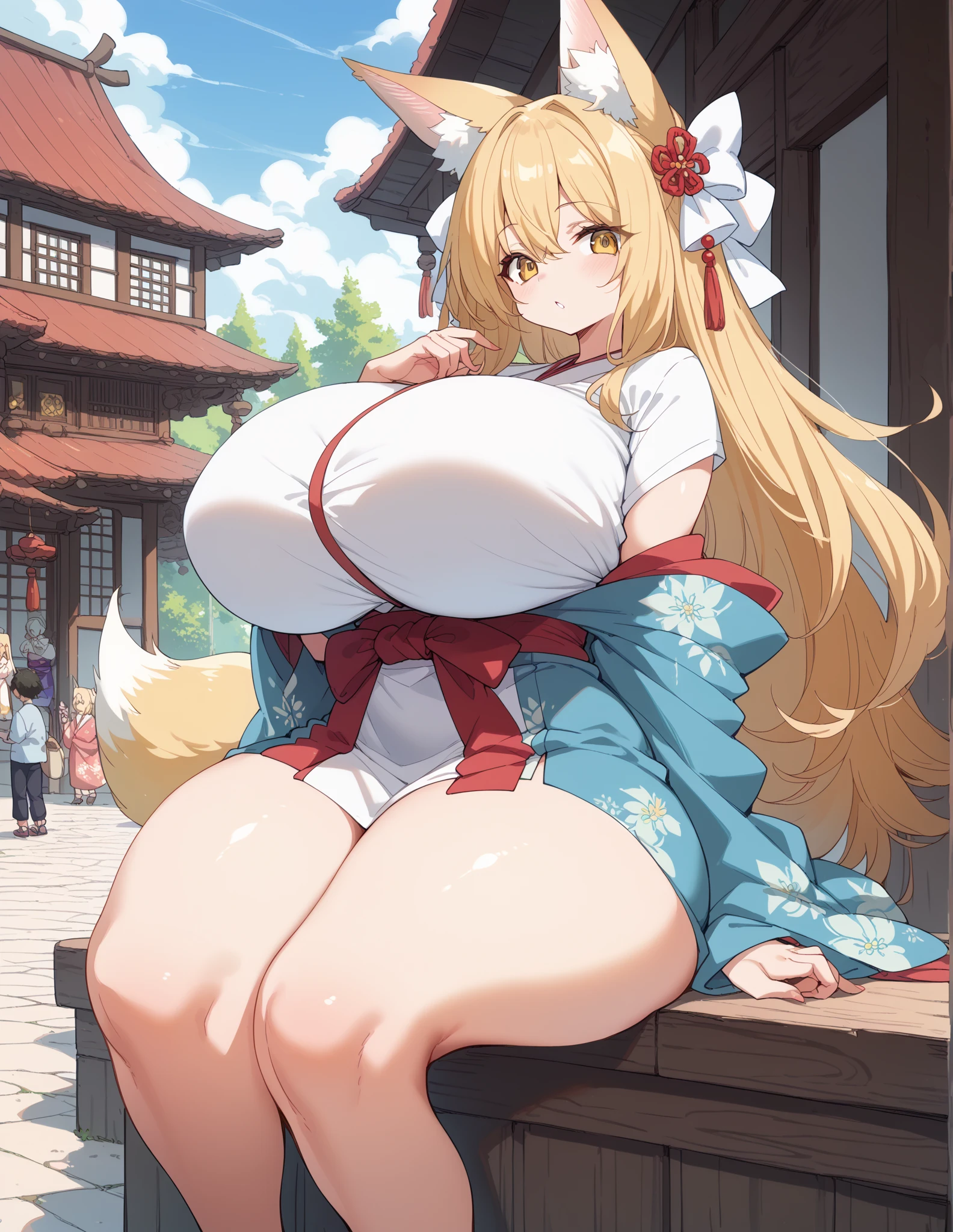 ((best quality)), ((masterpiece)), (detailed), perfect face,castle background,ring,earrings,pearl necklace,fox girl,8k quality,sharpen,sexy,full body,perfect eyes,big boobs,bracelet,smile,choker,long curly blonde hair,japanese school uniform