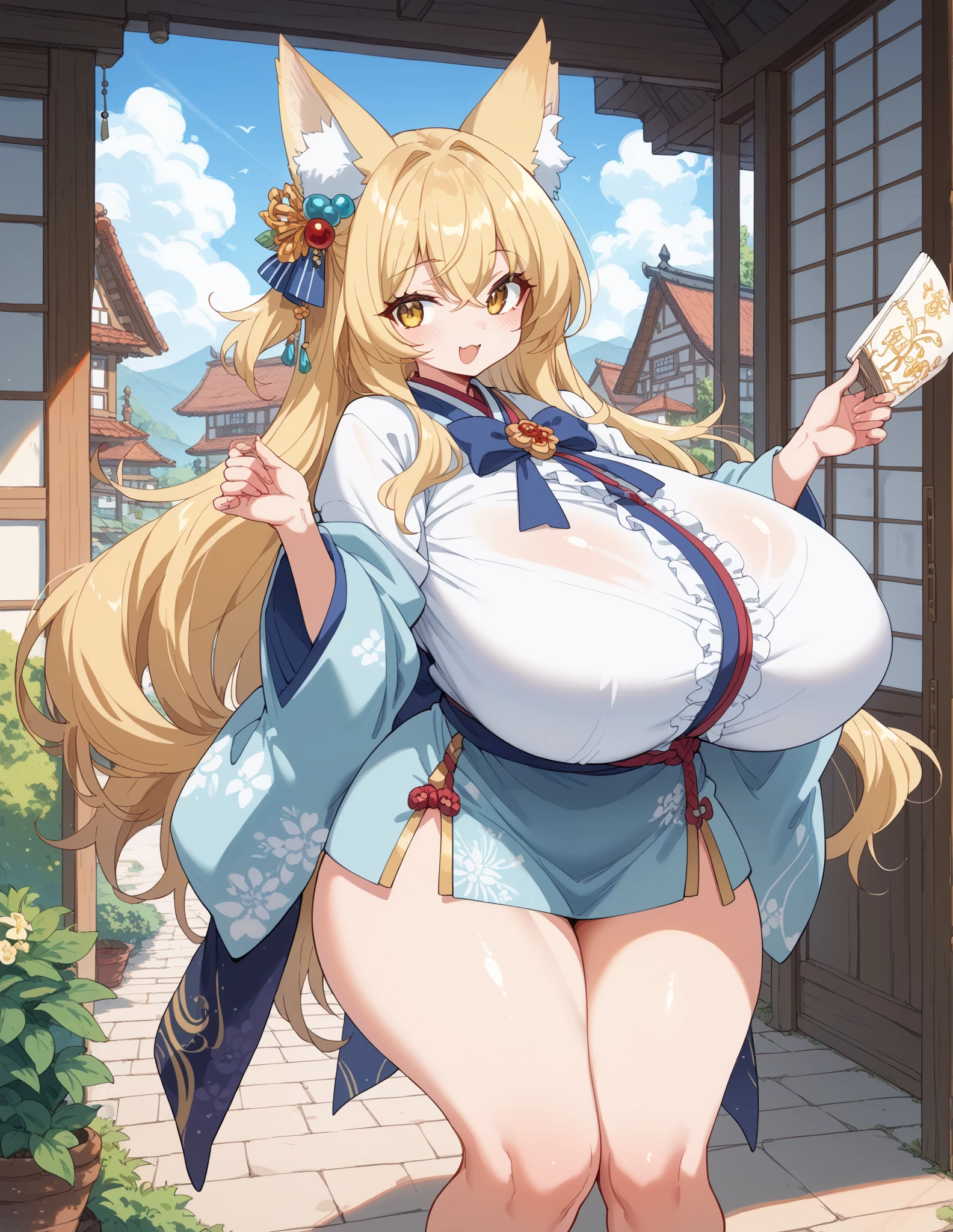 Cat lady、body covered with fur、huge-breasted、kawaii、shrine maiden、Japan white clothes,Red Hakama、torii gate,summer day、From the top、Wide Shot、Very Wide Shot