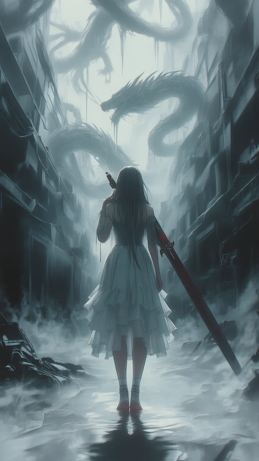 (romantic relationship between 1girl and 1boy), [Yuri,sfv], (forbidden love), 2person : {1eldritch girl, 1monsterboy}, girl wearing white dress, boy wearing black armor, dynamic view, Vast angle,Cowboy shot, beautiful emphasizing on face and eyes, sweetly detailed,intricate scenery, Contrast,[limited palette[Rust,Silver,blood]],professional coloring,sumptuous artwork,artistic representation of devastation, twisted romantic aesthetic,(illustration,extremely precisely drawn:1.2), A high resolution,Best quality