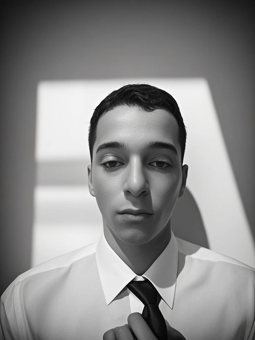 young white man, a little thin, wearing a black polo t-shirt up to his neck, well-combed hair with a quiff up, no beard, on a white background