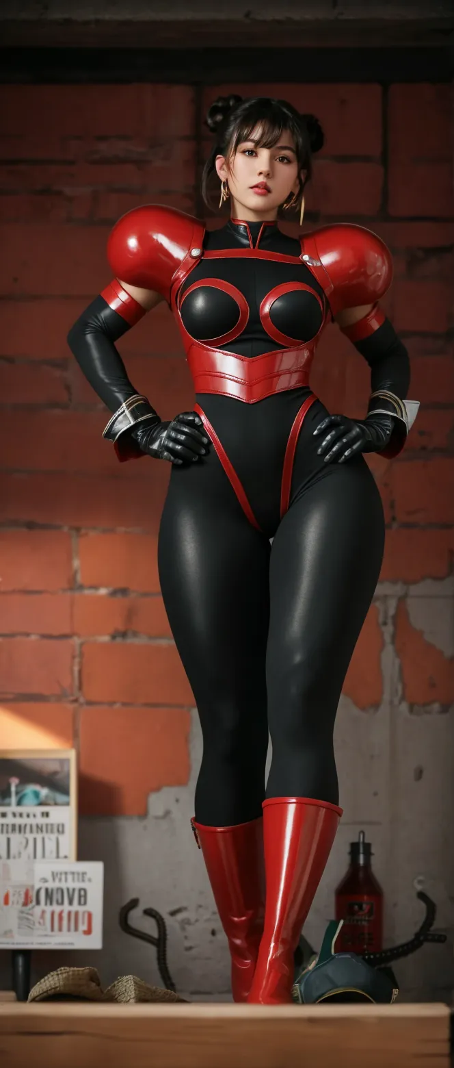 objective, Very Short Hair Fit Woman Wearing Chun Li Armor Cosplay, Female One, impossibly small waist tiny abdominal girth, circumference of lower extremities far exceeds 80 inches of hips, she has immensely large hip measurements, with the biggest buttocks in the world, Random location, intense detail, Bold leggings, hyperrealisti, A heavy bottom, upperbody, voluptuous lower body, feminine figure, portraits, reductionist form, Woman, bold lines, not Mike Campau style, iris van herpen, Howard Schatz, Russian-Western, an Inferior Physical Goddess