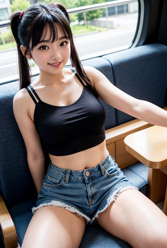 (Highest quality,masterpiece:1.3,Ultra-high resolution),(Very detailed、Caustics) (Realistic:1.4, RAW shooting、)Ultra-Realistic Capture、Very detailed、Natural skin texture、masterpiece、(A Japanese elementary school girl wearing a thin satin red tank top and a mini jeans skirt:1.3)、Adorable expression、Expressions of happiness、10 years old、height: 140cm、Baby Face、Pure girl、Amazingly cute、Twin tail hairstyle、Curly Hair、ribbon、Black Hair、Large Breasts、Shining thighs、Shining ass、necklace、Filmed sitting on a sofa in a private room at a sex shop、Background details、smile、An inviting gaze、(Anatomically correct)、Cowboy Shot、Attention to detail、