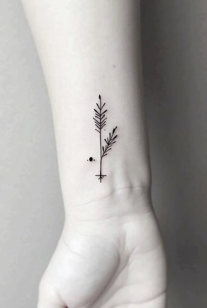 Small tattoo with the bow and arrow of Sagittarius where there are strands of wheat as well as a symbol of the scorpion