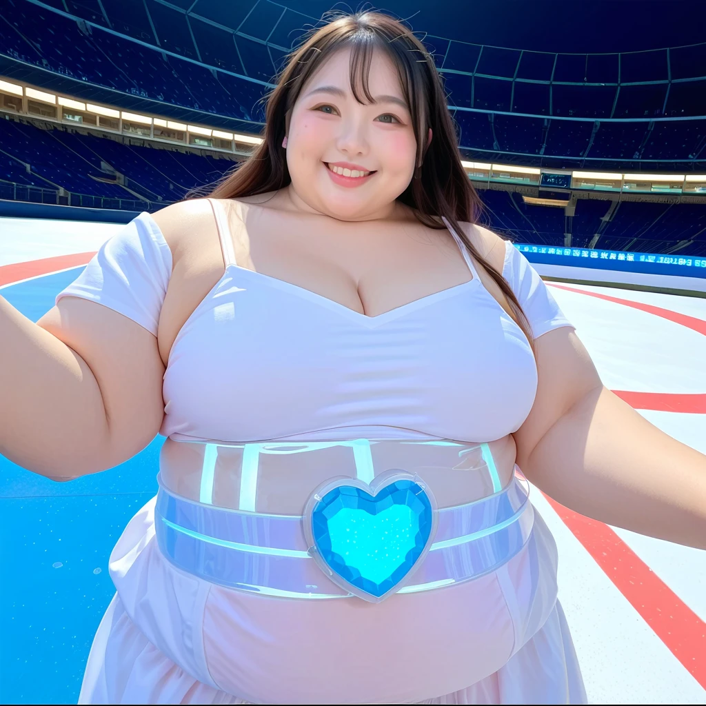 ((8K)), highest quality, 超High resolution, (Surreal)、(High resolution), 1 girl, idol, ((heart cutout idol clothing)), Overweight, extremely fat, ((Chubby)), on stage