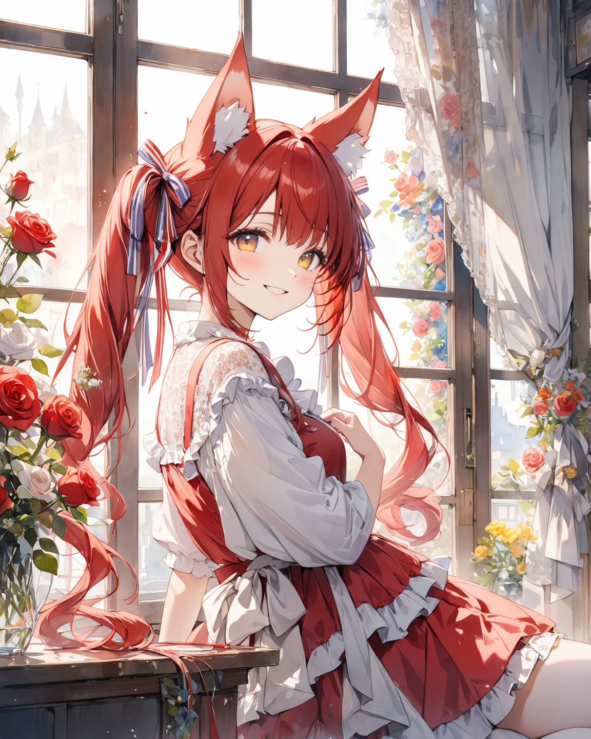The finest fine lines of the masterpiece,Cute long-eared loli with light red medium long curly hair,Wear short clothes and white stockings,Greet with a smile on the front camera。
