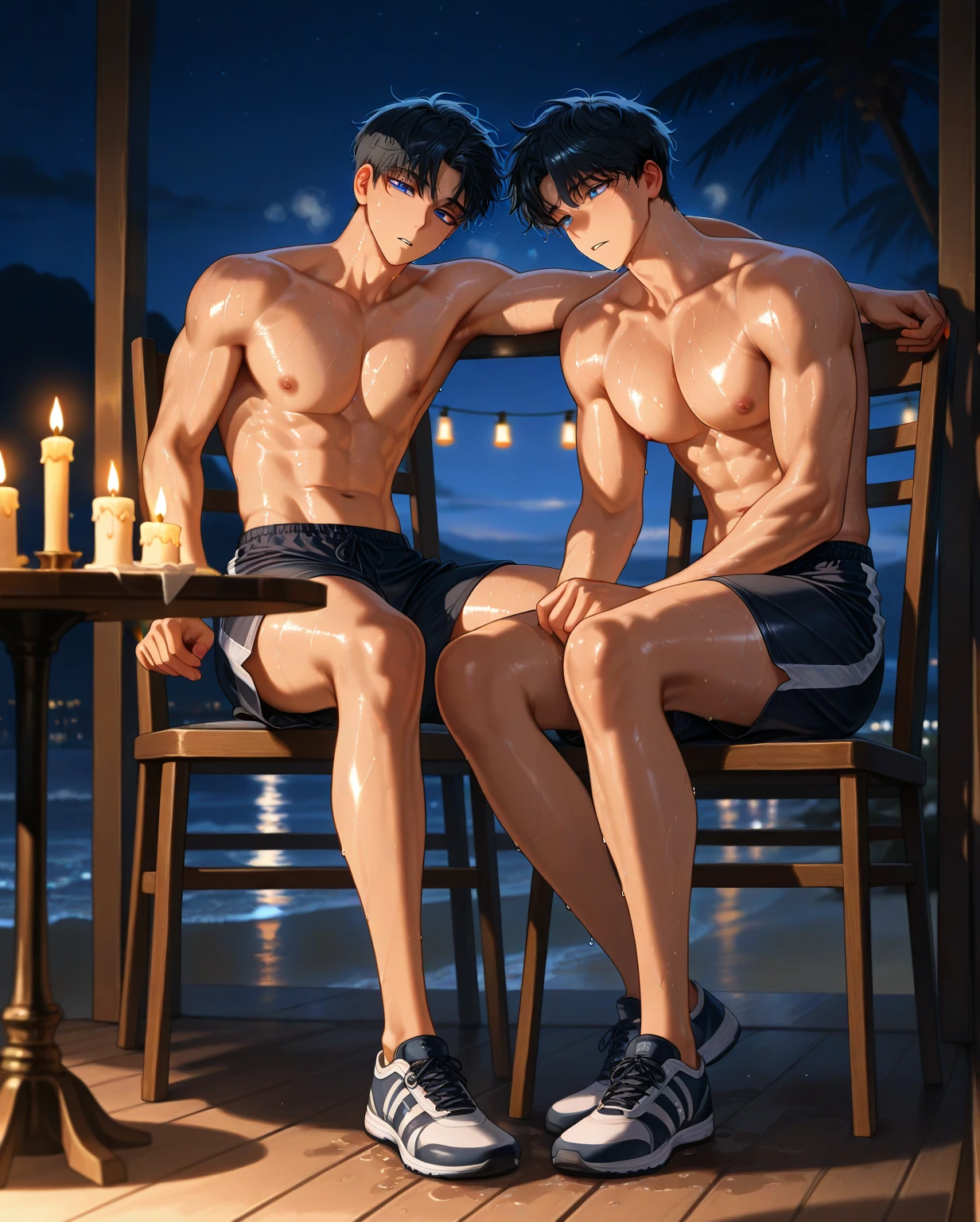 Realistic,2 young Hot muscular asian guys wearing thongs with legs spread apart showing off huge underwear bulge inside of a hot tub