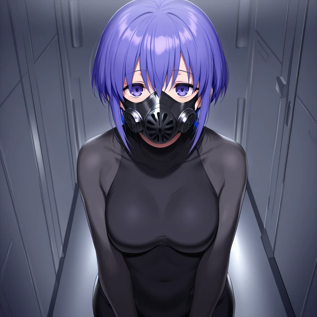 black nurse, 1 female, black nurse cap, Black Wear, ((black legwear, zettai ryouiki)), black elbow gloves, long hair, purple hair, gray eyes, ((Black surgical mask, Covered nose)), Are standing, ((operating room)), sharp outline, short sleeve, mature woman, 35 years old, highest quality, masterpiece、shiny costume、(((sexy slutty makeup、dripping sweat、oil skin,glowing skin、realistic skin texture、fine and beautiful skin、shiny skin、glossy white skin))),