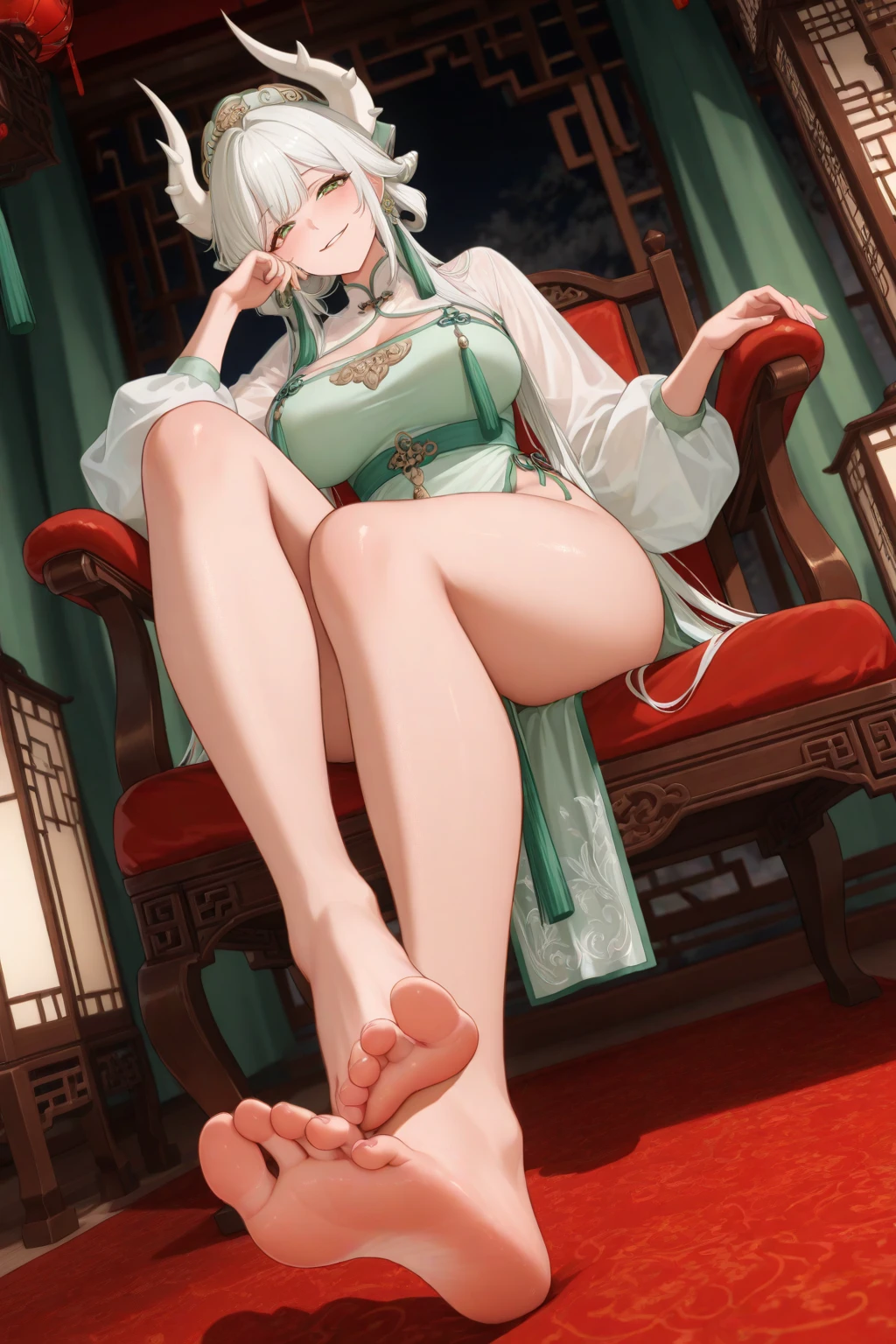 (masterpiece:1.2, best quality), (real picture, intricate details), 1lady, solo, entire body, showing legs, showing feet, showing soles, long hair, minimal makeup, natural fabrics, close-up face, smirk, mischievous face, giantess, giantess lady, huge tall lady, bare feet, feet on camera, long light platinum blonde hair, bangs, Korean bangs, bangs on forehead, green eyes, big breasts, bis tits, mature body, mature face, detailed face, correct foot anatomy, feet anatomy, sexy, giantess, feet pointing at viewer, foot, soles, detailed feet, giantess woman, correct foot anatomy, soles
