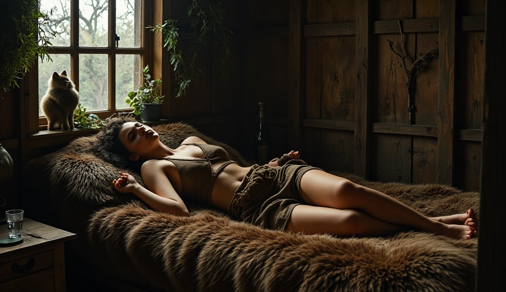 A topless sleeping girl after orgy, flat chest, lying in her bed, sperm on her flat tits, cum on tummy, very enjoyable, Game of thrones style, looks depressing, high quality, ultra-detailed, crazy orgy details, 4K