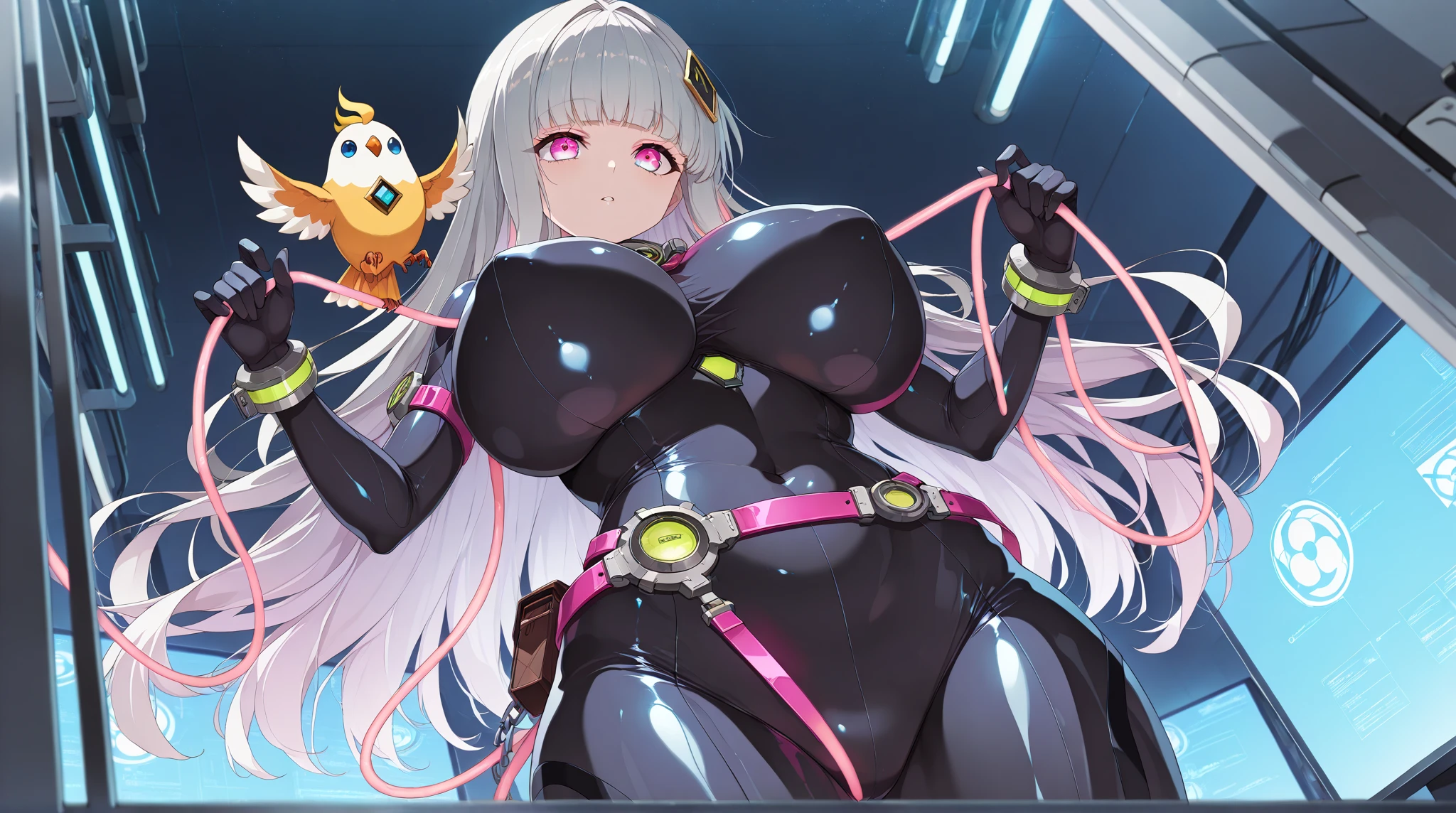 Multiple girls, white hair, large breasts, breasts, thick thighs, wide hips, red eyes, bodysuit, black bodysuit, pantyhose, long hair, light smile, happy, science-fiction, tech, futuristic, black pantyhose, thighhighs, neon, machinery, hair ornament, ornament, neon trim, anime style, 2d, anime screencap, shoulder armor, blue neon trim, hip sway, swaying hips, bouncing breasts, arms behind back, hands behind head, arms behind head, arms up, me!me!me dance /(meme/), dancing, dance, hourglass figure